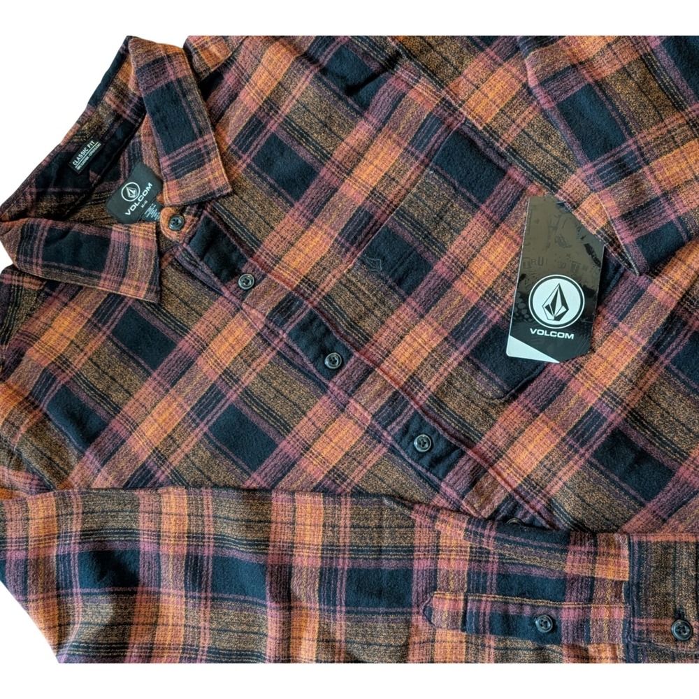 Volcom Baystone Flannel Shirt Men's Medium Black Rust Plaid Classic Fit NWT